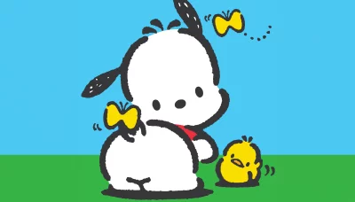 Pochacco and Playful Chick with Yellow Butterflies in a Sunny Meadow image