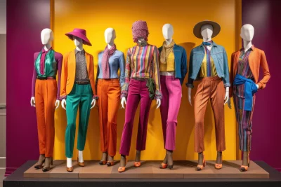 Vibrant Mannequins Display Eclectic Fashion Collection Against Colorful Backdrop image