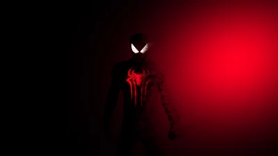 Dark Silhouette of Superhero with Glowing Red Spider Logo Dissolving into Light image