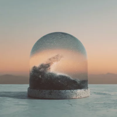 Cosmic Nebula Enclosed in a Bell Jar at Serene Sunset Horizon