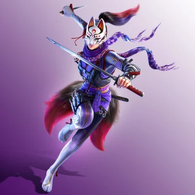 Dynamic Female Warrior with Kitsune Mask and Katana in Striking Action Pose image