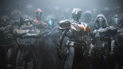 Powerful Group of Armored Sci-Fi Guardians in Misty Environment image