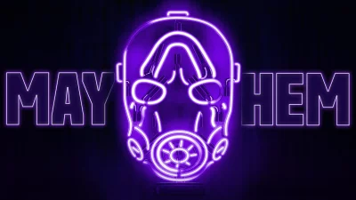 Vibrant Purple Neon Sign Illuminating a Stylized Mask and Mayhem Text image