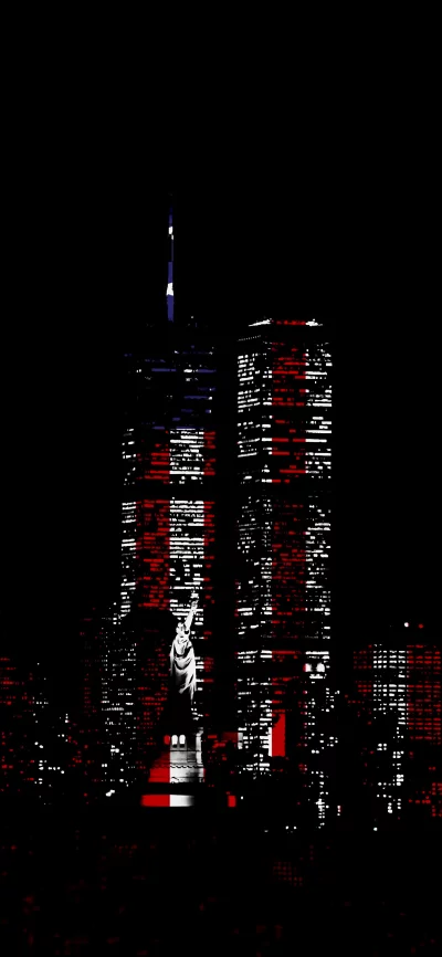 Statue of Liberty and City Skyline with American Flag Overlay at Night image