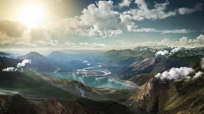 Majestic Mountain Landscape: Winding River, Serene Azure Lake, Sunlit Peaks image