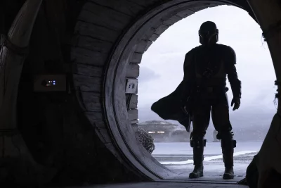 Mysterious Armored Figure Emerging from Spaceship Portal onto Icy Planet image