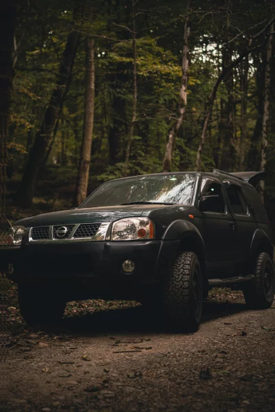 Dark Green Off-Road Vehicle Navigating a Woodland Track in Deep Forest