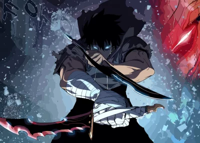 Dynamic Anime Warrior with Glowing Blue Eyes and Dual Fantasy Swords image
