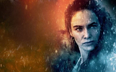 Intense Woman's Portrait with Dynamic Fiery and Icy Light Streaks image