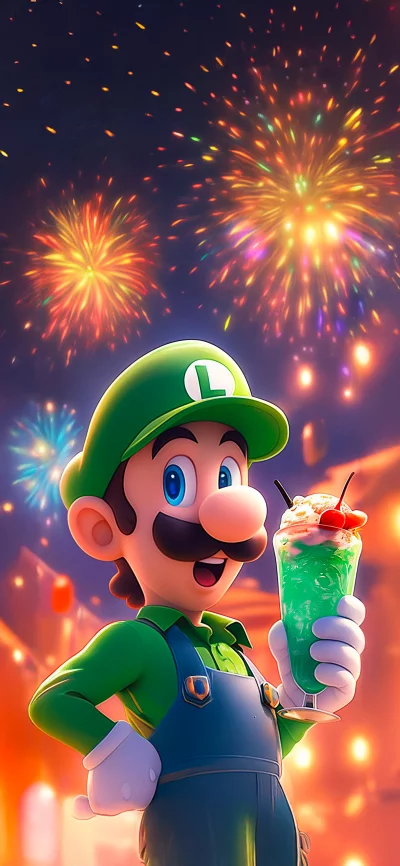 Luigi Enjoys a Festive Drink Amidst Fireworks