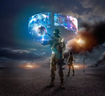 Soldier Engaging Futuristic Global Holographic Tactical Interface in Barren Terrain image