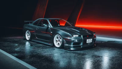 Modern Grey Sports Car with Custom Rims and Red Neon Lighting image