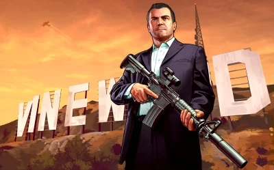Vigilant Man in Suit with Assault Rifle, Iconic Vinewood Sign at Golden Hour image
