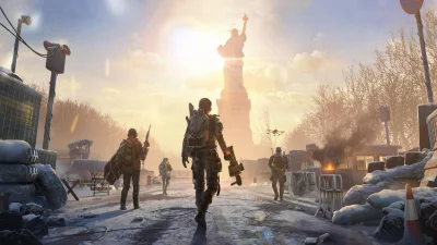 Elite Agents Patrol Desolate Snow-Covered City with Statue of Liberty image