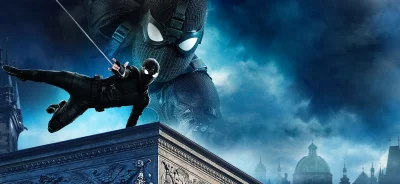 Spider-Man Swinging Above Metropolis Rooftops Against Dramatic Blue Night Sky image