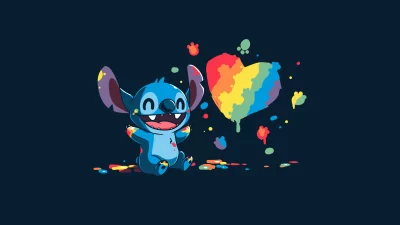 Cheerful Blue Alien Character Joyfully Covered in Paint Splatters with Rainbow Heart Art image