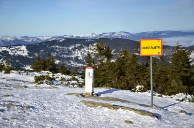 Snowy Polish Mountains, State Border Marker 109, Evergreen Forest image