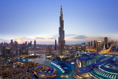 Majestic Dubai Cityscape at Twilight with Burj Khalifa and Fountains Cinematic Wallpaper image