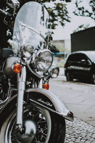 a close-up of the front end of a Harley-Davidson motorcycle