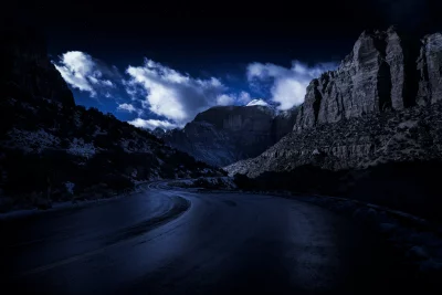 Starry Night Mountain Road: Serene Winter Landscape under Moonlight image