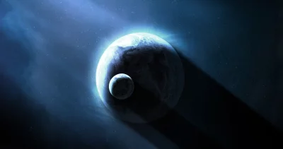 Cosmic Blue Planets with Moon and Glowing Light in Cinematic Space Wallpaper image
