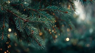 Festive Evergreen Tree Branches with Golden Bokeh Christmas Lights