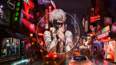 Intense Anime Character with Ghoul Mask and Red Eyes in Cyberpunk City Night image