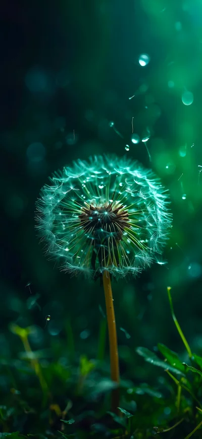 Close up of a dandelion puffball with glistening water drops against a serene green backdrop image