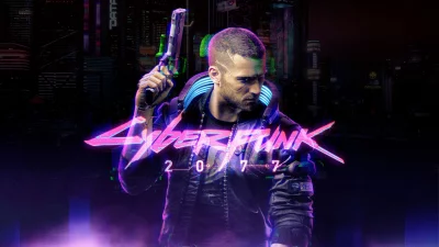 Cyberpunk 2077 V Character Holding Pistol in Futuristic Neon Cityscape image