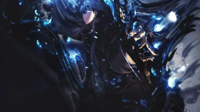 Dynamic Anime Hero Unleashing Blue Glowing Energy in Dark Fantasy Art image