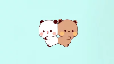 Adorable Kawaii Panda and Bear Cartoon Friends Hugging Back-to-Back on Light Blue Background image