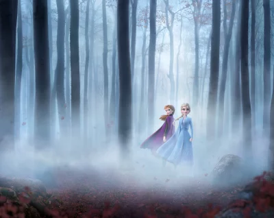 Animated Sisters Explore a Misty Enchanted Forest with Ethereal Fog and Autumn Leaves image