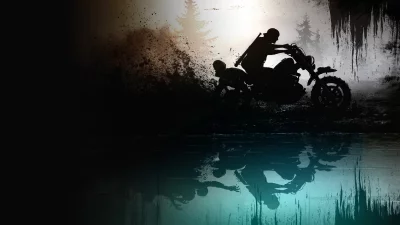 Dynamic Motorcycle Rider Kicking Up Dirt with Reflection in Gritty Landscape image