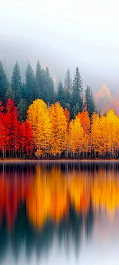 Vibrant Autumn Forest Reflected in Serene Lake with Misty Evergreen Background image