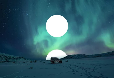Arctic Adventure: Off-Road 4x4 Under Northern Lights with Abstract Luminous Circles image