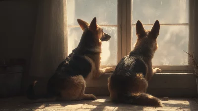 Two Loyal German Shepherds Gazing Out Sunny Window in Cozy Home