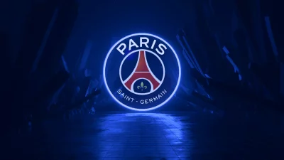 Iconic Paris Saint-Germain Emblem Illuminates Dark Cyberpunk Arena with Neon Glow image