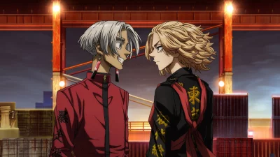 Intense Anime Rivalry: Two Stylish Characters Face Off in Urban Night Setting image
