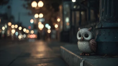 Cute Owl Figurine on City Sidewalk at Night with Magical Bokeh Lights