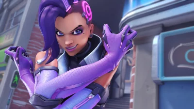 Mischievous Female Character with Glowing Purple Cybernetic Gear and Dynamic Pose image