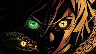 Enigmatic Eyes and Golden Serpent in Dark Stylized Fantasy Illustration image