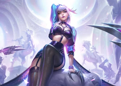 Vibrant Cyberpunk Diva with Iridescent Outfit and Glowing Eyes in Ornate Fantasy Setting image