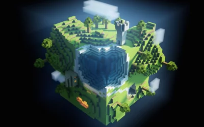 Blocky Fantasy Floating Island with Castle, Serene Lake, and Glowing Elements image