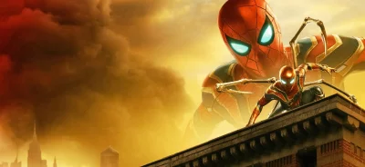 Dynamic Spider-Man Iron Spider Suit on Rooftop with Dramatic Cityscape image