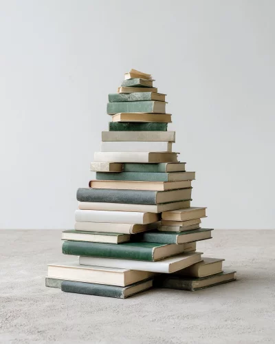 Vintage Books Stacked in a Conical Pyramid Shape on a Textured Floor image