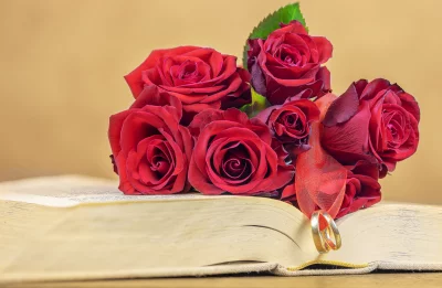Romantic Red Roses, Golden Wedding Ring on Sacred Open Book image