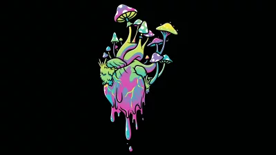 Psychedelic Dripping Heart with Colorful Mushrooms Illustration on Black Background image