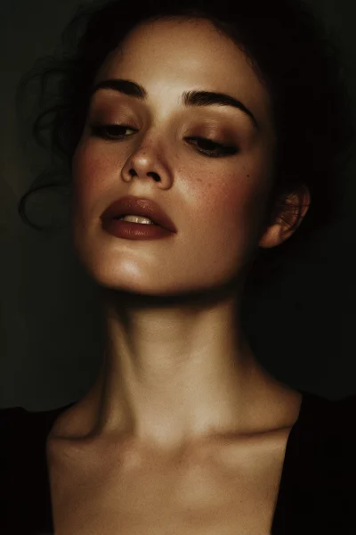 Artistic Oil Painting Style Portrait of a Beautiful Woman with Freckles and Serene Expression