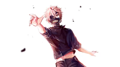 Dynamic Anime Character with Spiky White Hair and Ghoul Mask Reaching Out on White Background image