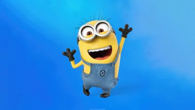 Joyful Yellow Minion Character Smiling with Raised Arms on Blue Background image